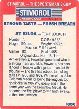 1990 AFL Scanlens Stimorol #135 Tony Lockett Back